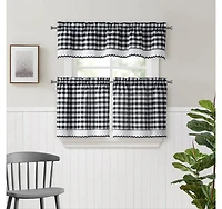 Kate Aurora Complete 3 Piece Country Farmhouse Plaid Gingham Black & White Buffalo Check Kitchen Curtain Tier & Valance Set