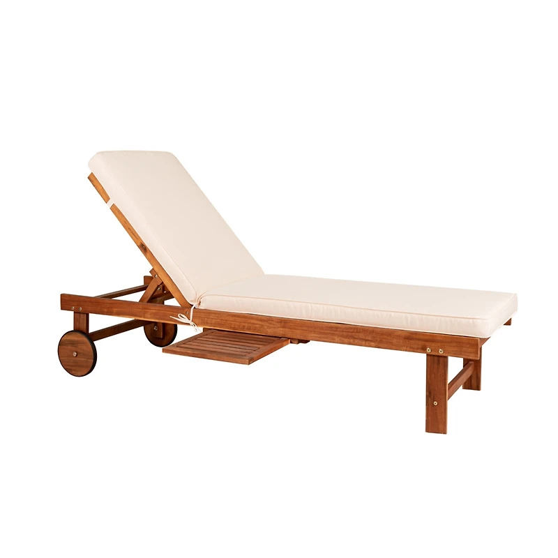 Jonathan Y Seabrook 69 x 24 Inch Outdoor Acacia Wood Lounger with Cushion, 5-Position Back, Slide Table & Wheels, Dark Brown