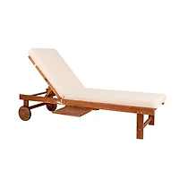 Jonathan Y Seabrook 69 x 24 Inch Outdoor Acacia Wood Lounger with Cushion, 5-Position Back, Slide Table & Wheels, Dark Brown