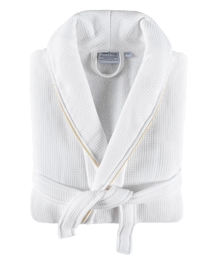 Linum Home Unisex Waffle Weave Terry 100% Turkish Cotton Bathrobe with Satin Piped Trim