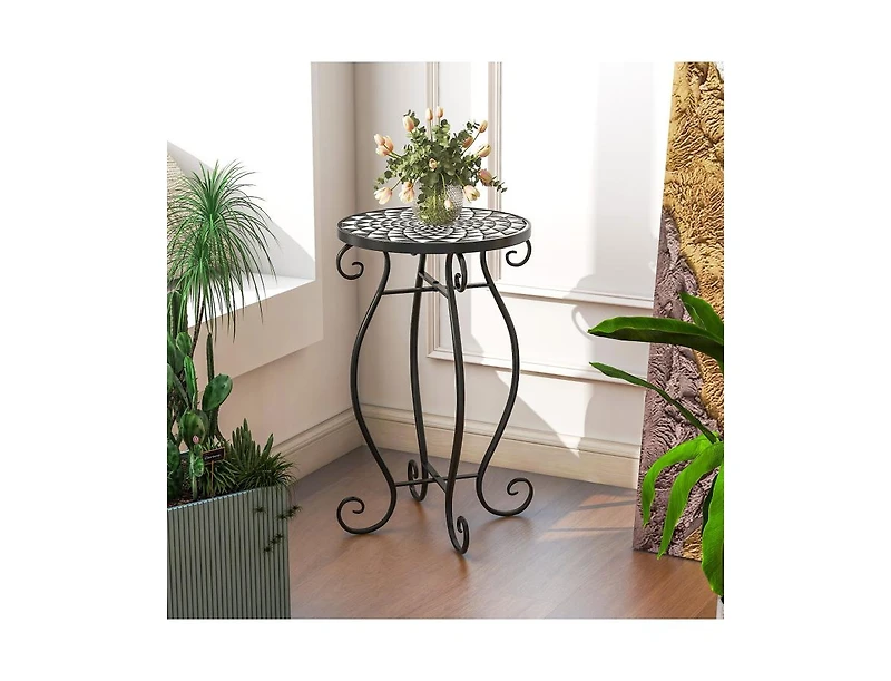 Outdoor Plant Stand with Weather-Resistant Ceramic Tile Top for Patio or Garden