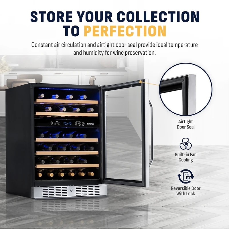 Newair 24 Inch Built-in 46 Bottle Dual Zone Compressor Wine Fridge in Stainless Steel, Quiet Operation with Beechwood Shelves