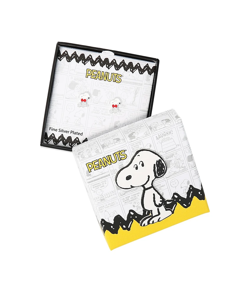 Peanuts Silver Plated and Enamel Snoopy with Heart Stud Earrings