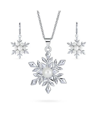 Holiday Party Christmas White Simulated Pearl Snowflake Necklace Pendant Dangling Earrings Jewelry Set For Women
