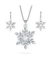 Holiday Party Christmas White Simulated Pearl Snowflake Necklace Pendant Dangling Earrings Jewelry Set For Women