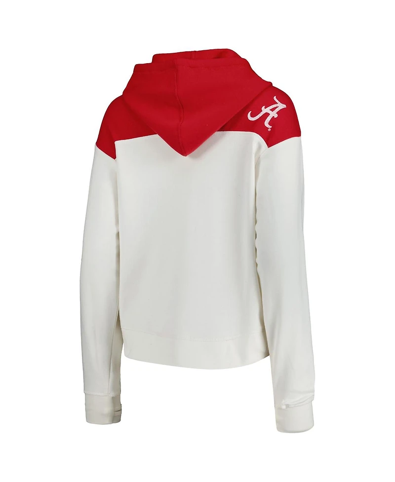 Women's Pressbox White, Crimson Distressed Alabama Tide Chicago 2-Hit Yoke Pullover Hoodie