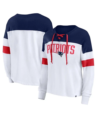 Women's Fanatics White, Navy New England Patriots Plus Even Match Lace-Up Long Sleeve V-Neck Top