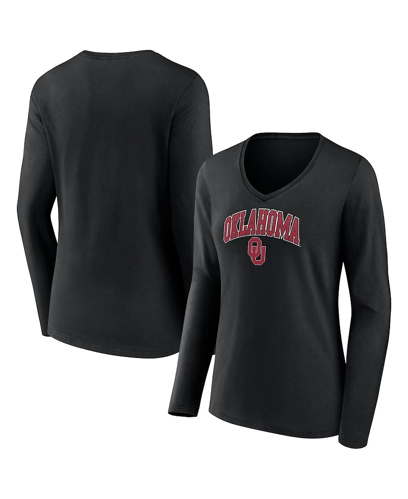 Women's Fanatics Black Oklahoma Sooners Evergreen Campus Long Sleeve V-Neck T-shirt