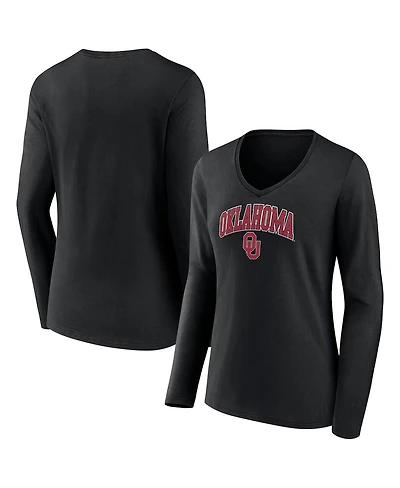 Women's Fanatics Black Oklahoma Sooners Evergreen Campus Long Sleeve V-Neck T-shirt