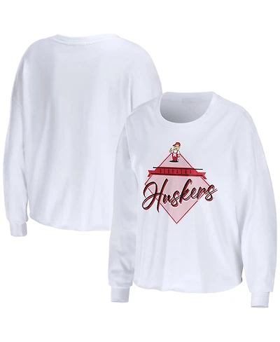 Women's Wear by Erin Andrews White Nebraska Huskers Diamond Long Sleeve Cropped T-shirt