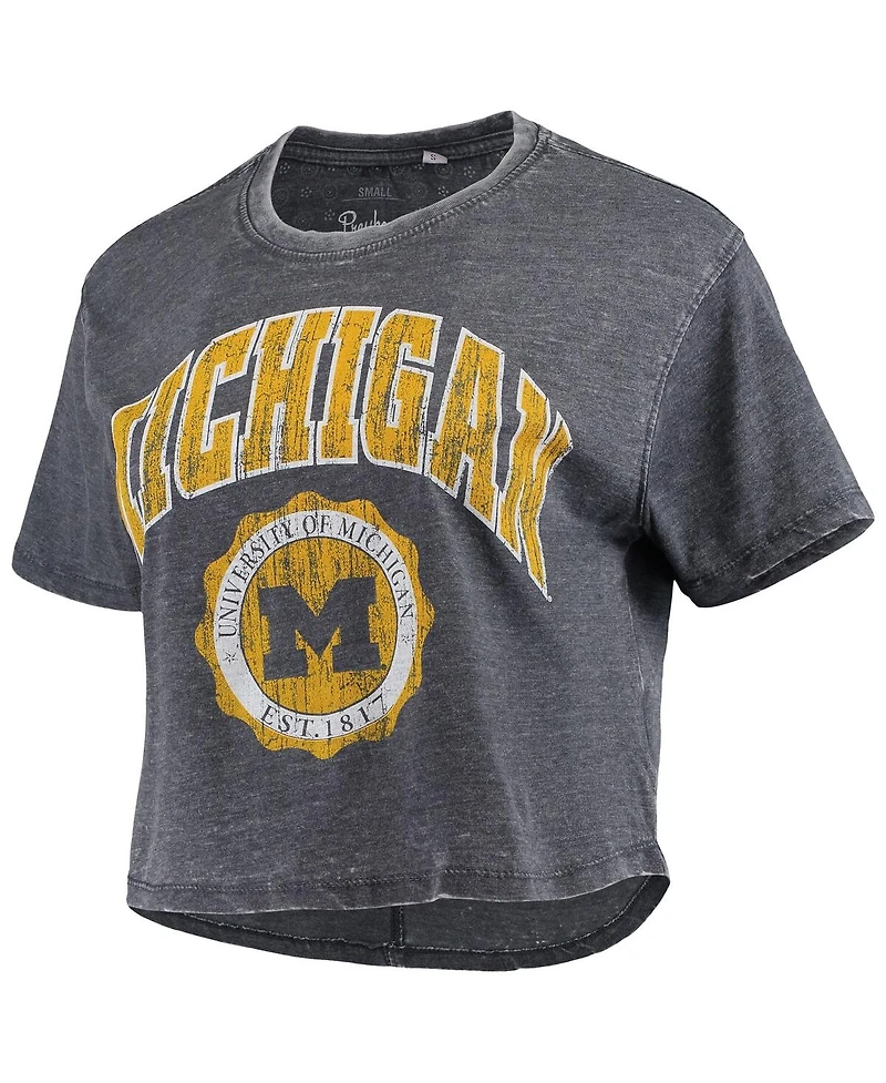 Women's Pressbox Navy Distressed Michigan Wolverines Edith Vintage-Like Burnout Crop T-shirt