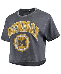 Women's Pressbox Navy Distressed Michigan Wolverines Edith Vintage-Like Burnout Crop T-shirt