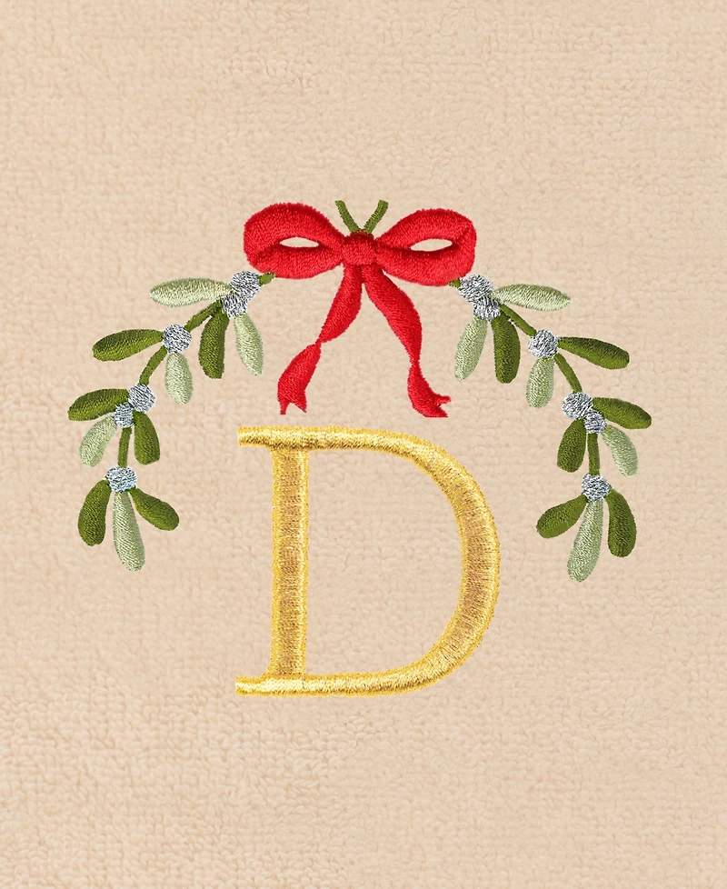 Linum Home Christmas Mistletoe Monogram Beige Embroidered Luxury Turkish Cotton Hand Towels, 2 Piece Set