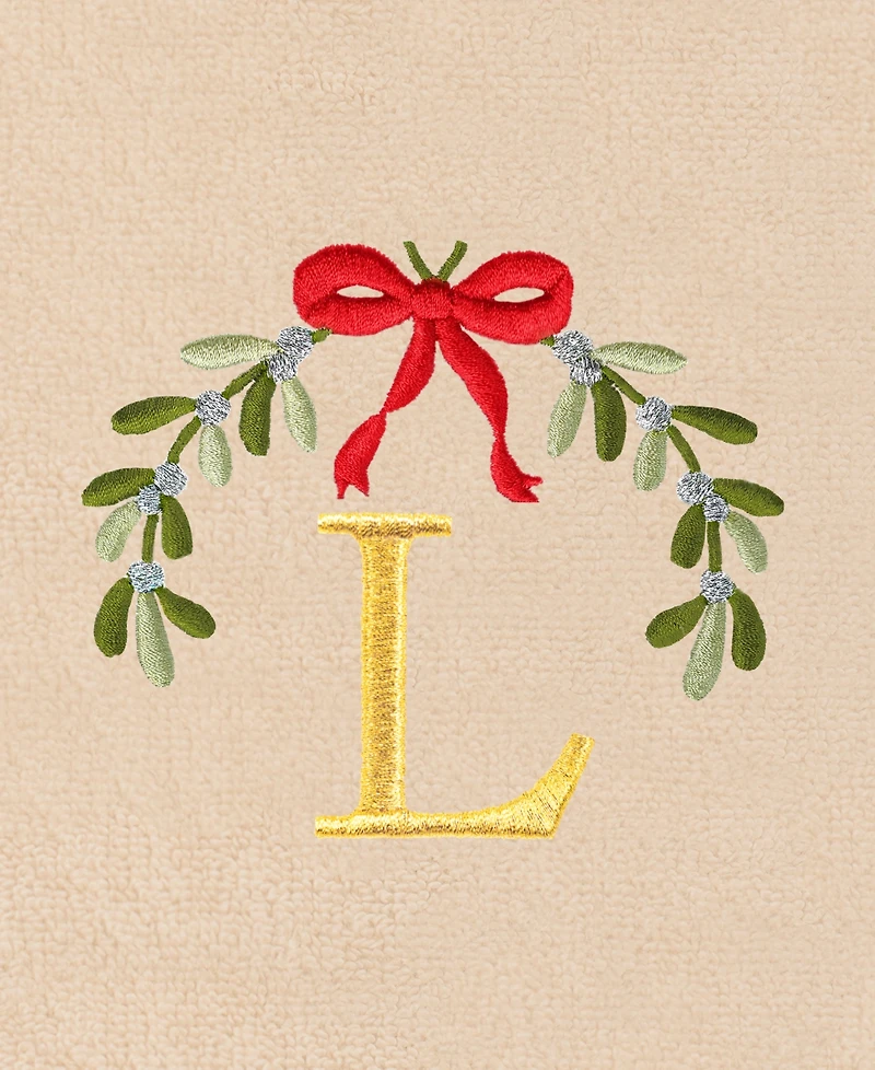 Linum Home Christmas Mistletoe Monogram Beige Embroidered Luxury Turkish Cotton Hand Towels, 2 Piece Set