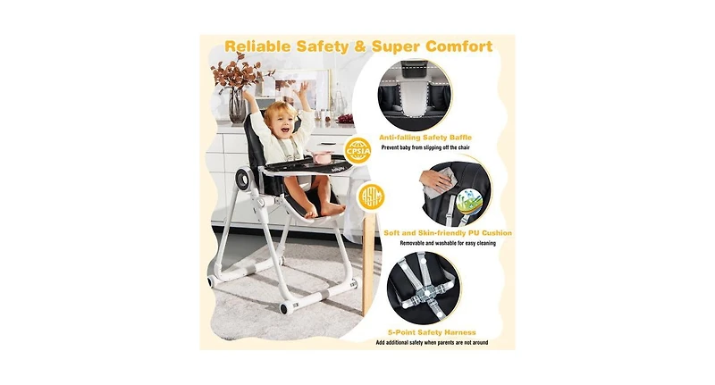 Slickblue Girls High Chair Foldable Feeding Chair with 4 Lockable Wheels