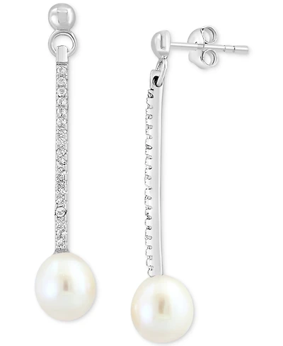 Effy Freshwater Pearl (7mm) & White Topaz (1/5 ct. t.w.) Linear Drop Earrings in Sterling Silver