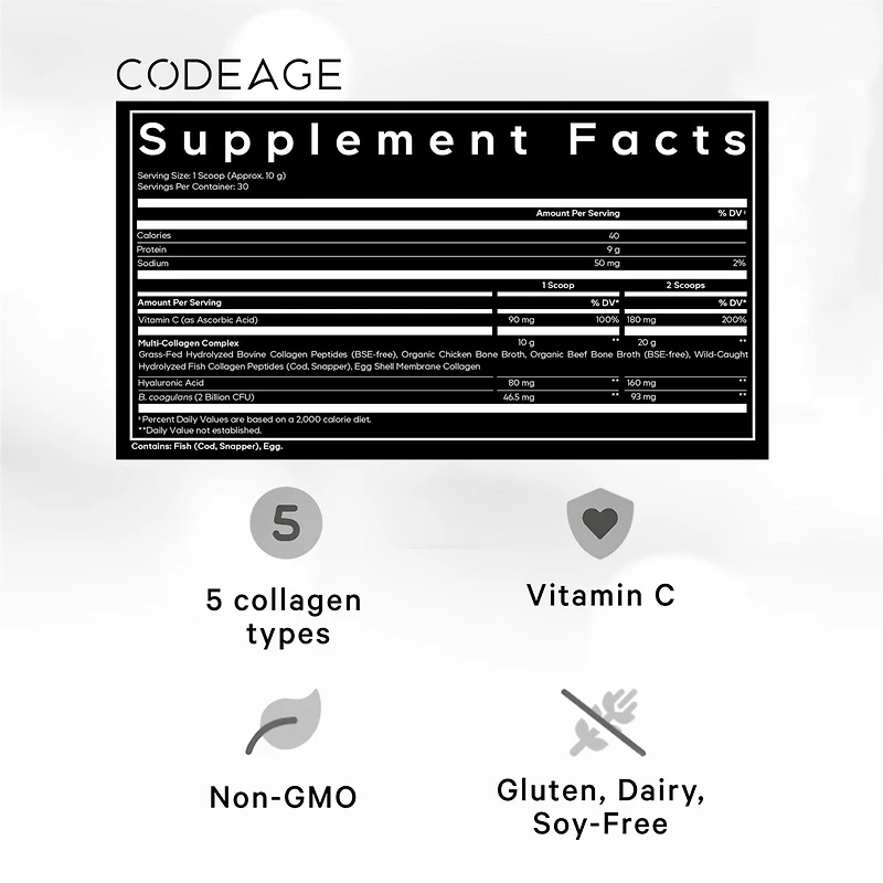 Codeage Multi Collagen Peptides Powder + Probiotics Black Edition, Vitamin C, Hyaluronic Acid Powder Supplement, Grass-Fed, Hydrolyzed, Zero Carbs, Ty