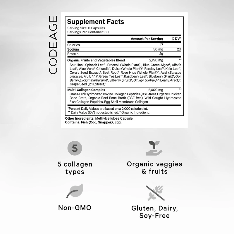 Codeage Multi Collagen Protein + Organic Raw Greens Superfood Capsules Supplement, 21 Fruits & Veggies, Grass-Fed Hydrolyzed Collagen Peptides, 5 Type