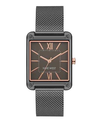 Nine West Women's Quartz Rectangular Dark Gray Stainless Steel Mesh Band Watch, 29mm