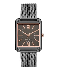 Nine West Women's Quartz Rectangular Dark Gray Stainless Steel Mesh Band Watch, 29mm