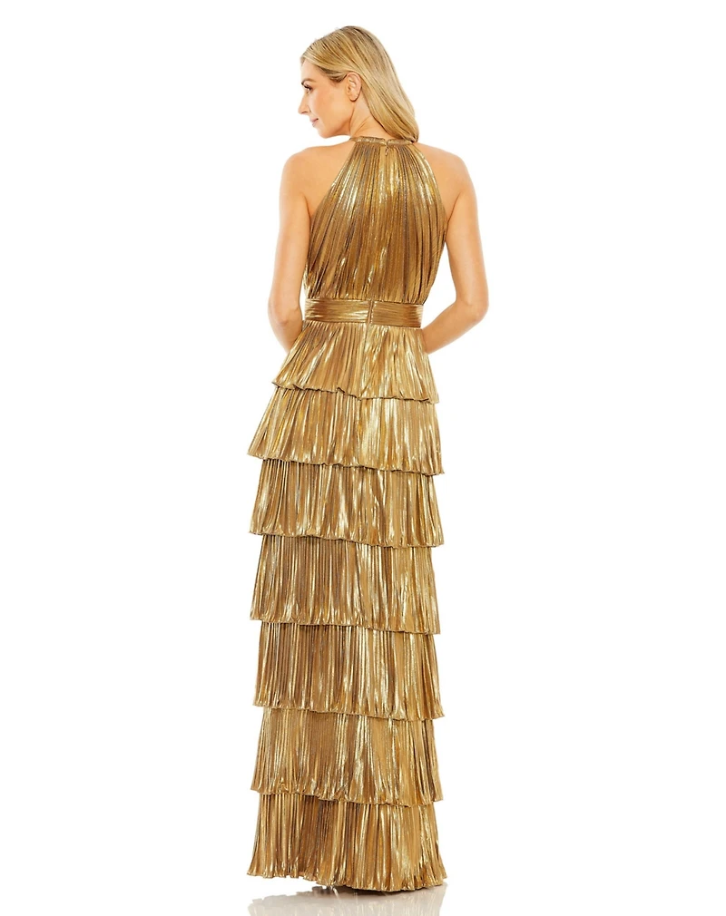 Mac Duggal Women's Ieena Heat Pleated Tiered Ruffle Metallic Gown