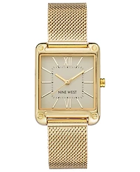 Nine West Women's Quartz Rectangular Gold-Tone Stainless Steel Mesh Band Watch, 29mm