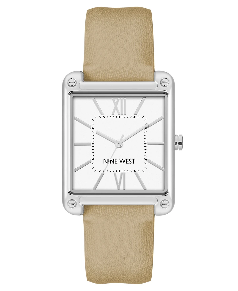 Nine West Women's Quartz Square Tan Faux Leather Band Watch, 29mm