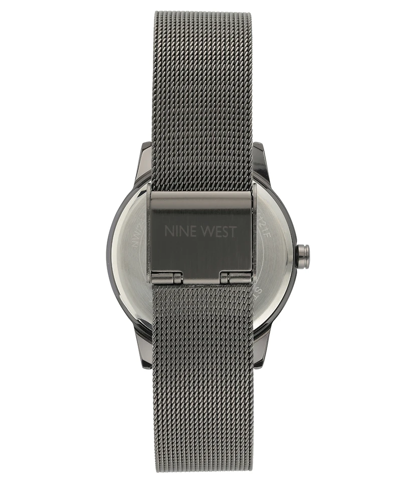 Nine West Women's Quartz Dark Gray Stainless Steel Mesh Band and Flower Pattern Watch, 35mm