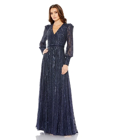 Mac Duggal Women's Beaded Lace Long Sleeve Wrap Over Gown