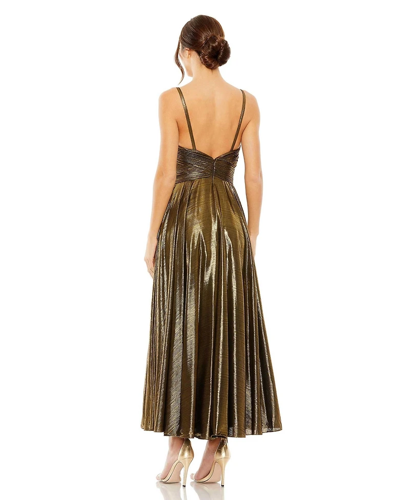 Mac Duggal Women's Sleeveless V Neck Pleated Top Metallic Dress