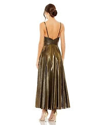 Mac Duggal Women's Sleeveless V Neck Pleated Top Metallic Dress