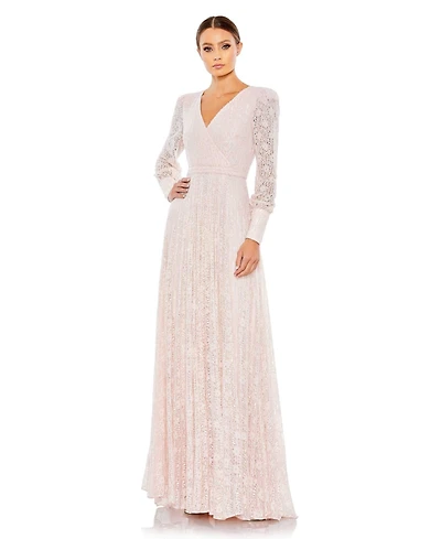 Mac Duggal Women's Beaded Lace Long Sleeve Wrap Over Gown
