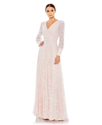 Mac Duggal Women's Beaded Lace Long Sleeve Wrap Over Gown