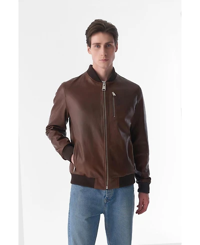 Furniq Uk Men's Genuine Leather Bomber Jacket, Tan