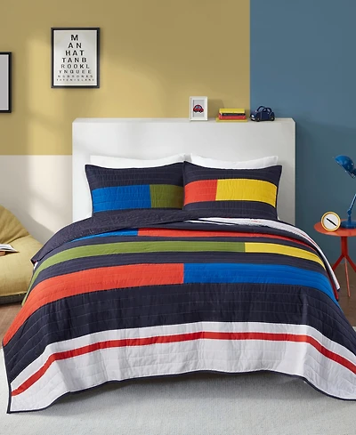 Intelligent Design Morris Stripe Printed 3 Piece Quilt Set, Full/Queen