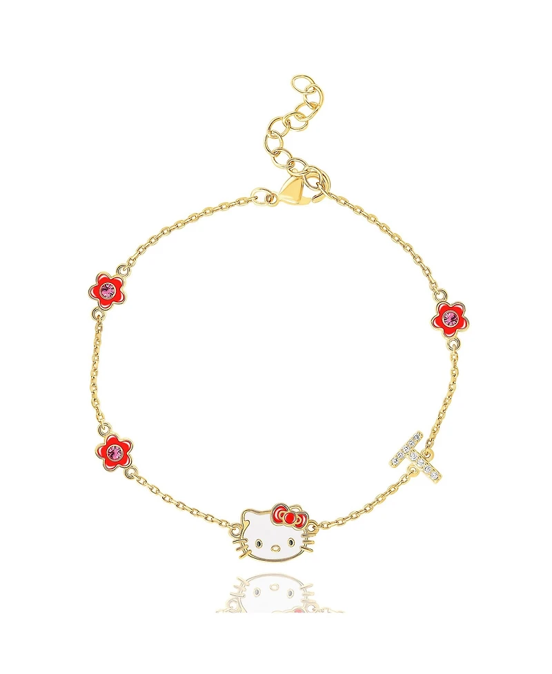 Sanrio Hello Kitty Womens Yellow Gold Plated Letter Bracelet - Cubic Zirconia Initial Bracelet - Officially Licensed