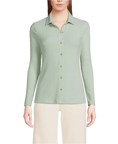 Lands' End Women's Long Sleeve Wide Rib Button Front Polo Shirt