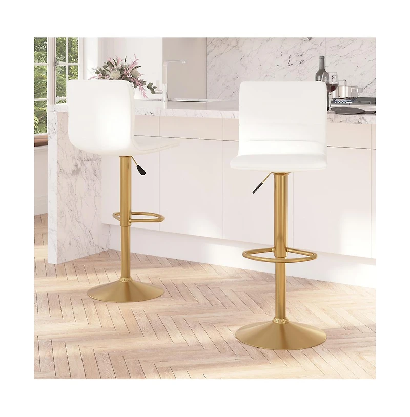 Set Of 2 Contemporary Height Adjustable Swivel Stools With Back And Pedestal Base With Footrest