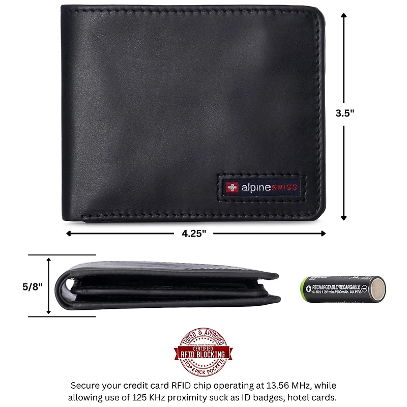 Alpine Swiss Mens Genuine Leather Rfid Safe Bifold Wallet Passcase 2 Id Windows