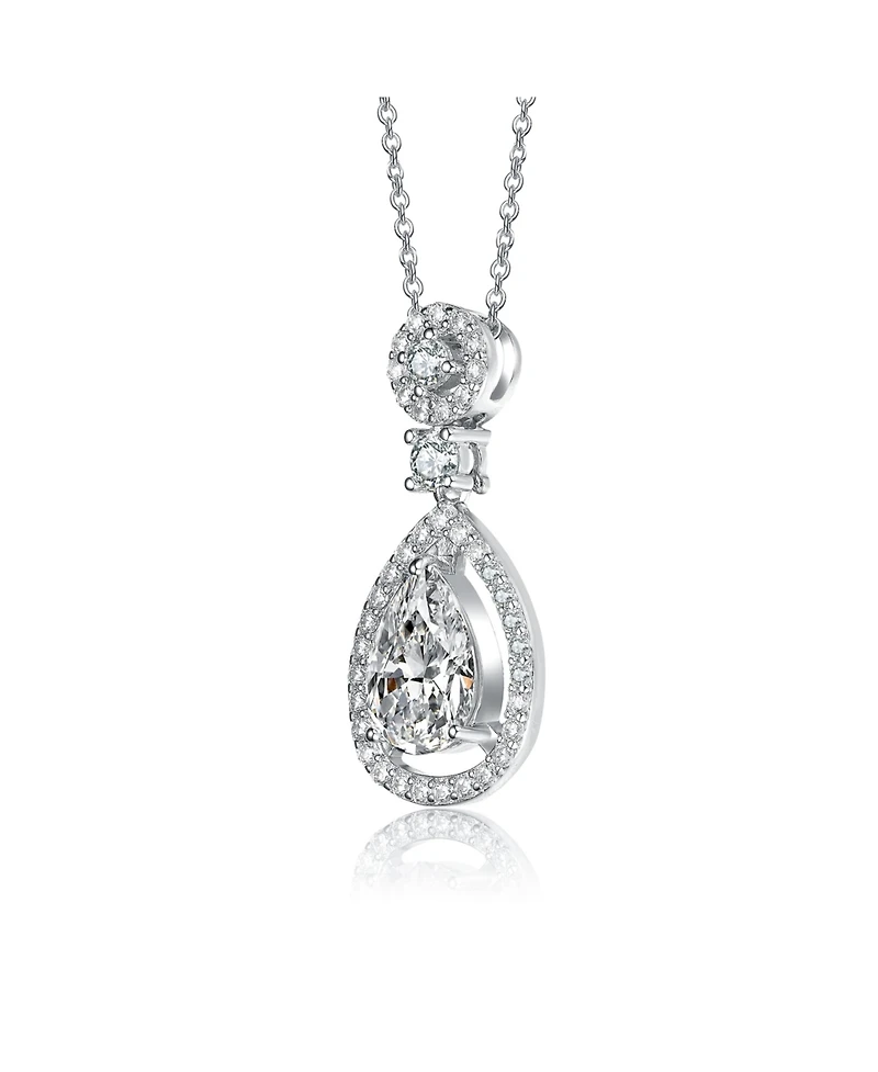 Sterling Silver White Gold Plated Clear Cubic Zirconia Accent Drop Necklace