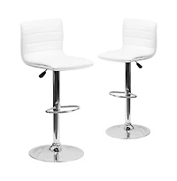 Modern Vinyl Adjustable Height Barstool With Horizontal Stitch Back, Set Of 2