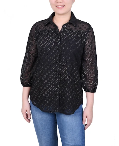 Ny Collection Petite 3/4 Sleeve Foiled Jacquard Chiffon Blouse