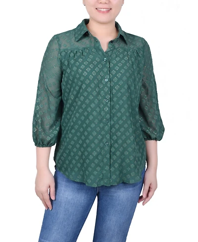 Ny Collection Petite 3/4 Sleeve Foiled Jacquard Chiffon Blouse