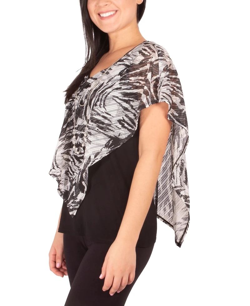 Ny Collection Petite Asymmetrical Poncho Top with Necklace