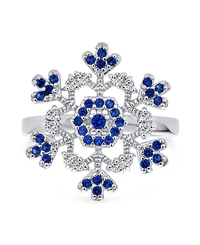 Bling Jewelry Winter Holiday Christmas Statement 2 Tone Blue Clear Cubic Zirconia Flower Snowflake Cz Ring Cocktail Sterling Silver