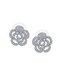 Pave Cz Accent Open Floral Love Rose Flower Stud Earrings For Women Wedding Party Bridesmaids Brides Rhodium Plated Brass 15MM