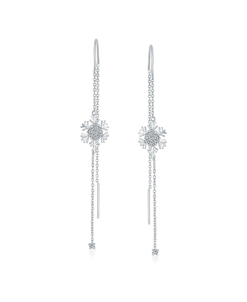 Bling Jewelry Thin Linear Clear Blue Cz Frozen Winter Holiday Party Snowflake Ear Threader Chain Dangle Earrings For Sterling Silver