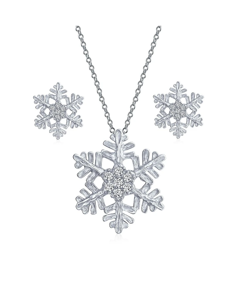 Bling Jewelry Holiday Party Snowflake Pendant Necklace & Earrings Set Blue Cz Sterling Silver
