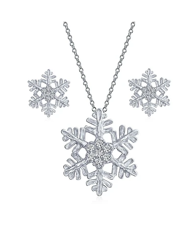 Bling Jewelry Holiday Party Snowflake Pendant Necklace & Earrings Set Blue Cz Sterling Silver