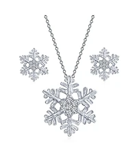 Bling Jewelry Holiday Party Snowflake Pendant Necklace & Earrings Set Blue Cz Sterling Silver